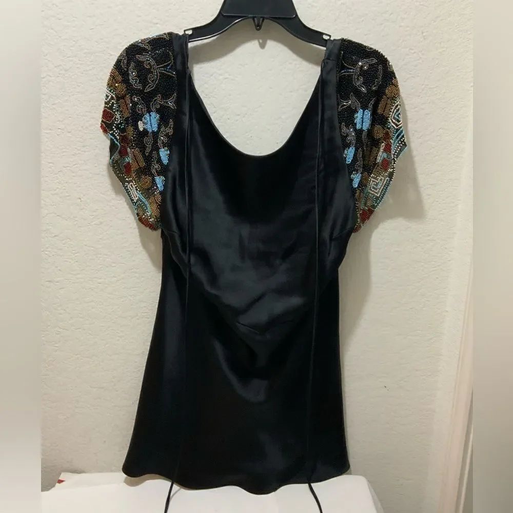 Foley & Corinna Black Cap Sleeve Beaded Shoulders Seed Beads Size Large